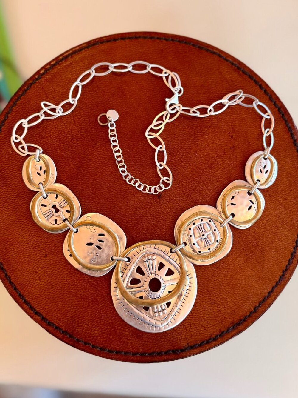 Silpada N2861 Boho Bib Necklace Sterling Silver Brass Etched 925 18-20" Retired